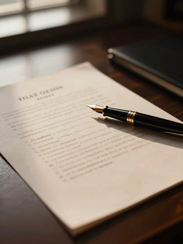 Macro detail of a refined office desk, signed legal documents, elegant fountain pen, warm low-key lighting, soft shadows