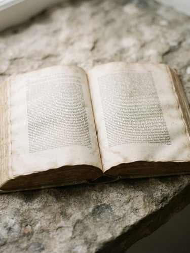 An open vintage book resting on a raw stone ledge, soft diffused north-facing daylight casting subtle shadows across the textured paper, minimalist editorial style, muted mineral tones.