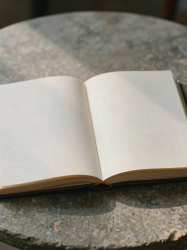 A minimalist environmental shot of an open book on a rough stone table, soft diffused north-facing daylight casting gentle shadows, matte paper texture, muted mineral tones