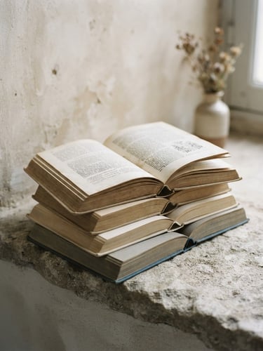 Minimalist clean composition of open books stacked on a stone ledge, soft diffused north-facing daylight, muted mineral tones, matte paper texture