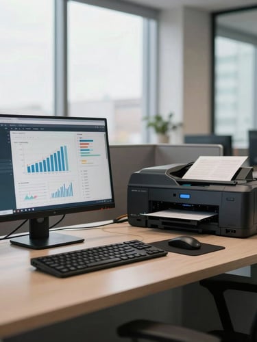 Vista lateral de una oficina moderna y luminosa, un escritorio ordenado con una pantalla que muestra gráficos de datos financieros y, al fondo, un equipo de impresión láser profesional. Luz natural de ventana.