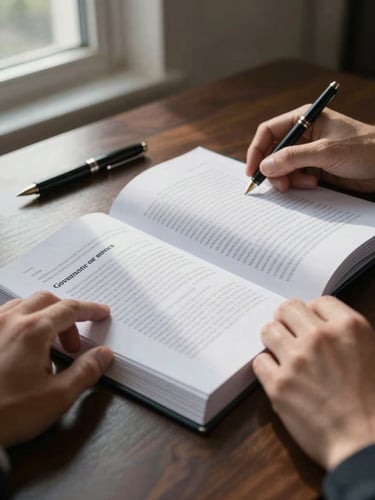 Close-up of hands turning pages of a bound governance policy document on a dark wooden desk, cool north-facing window light raking across the paper grain, a fountain pen resting to the side