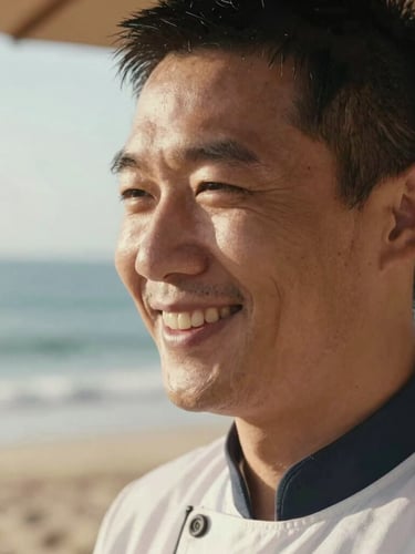 Intimate close-up of a resort hospitality worker smiling with genuine relief, warm natural coastal light
