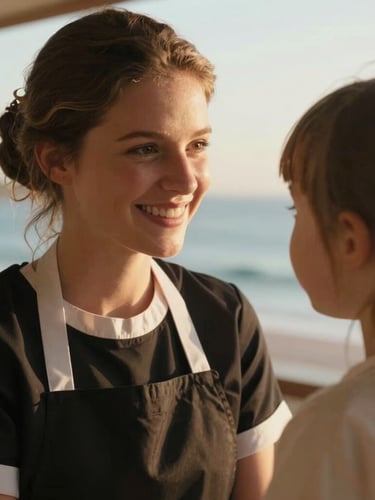 Close-up intimate shot of a resort chambermaid smiling warmly at home with her young daughter, bathed in soft golden hour coastal light, authentic and emotional.