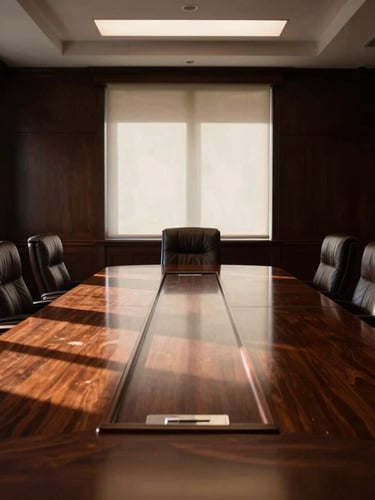 Symmetrical architectural shot of a formal corporate boardroom with a long polished mahogany table, deep brown leather chairs, and dramatic low-key window light casting structured shadows.