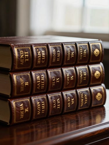 Close-up of leather-bound legal volumes stacked on a dark mahogany desk, soft window light highlighting gold foil lettering, high contrast