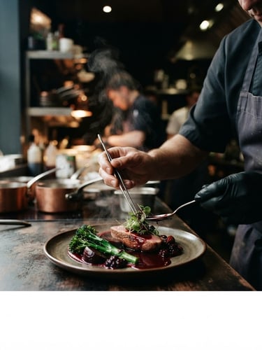Wide panoramic view of a chef's hands plating a dish at a kitchen pass, steam rising, soft natural daylight, moody shadows, high-contrast, deep crimson and forest green tones, shallow depth of field, 35mm, chef's face not visible.