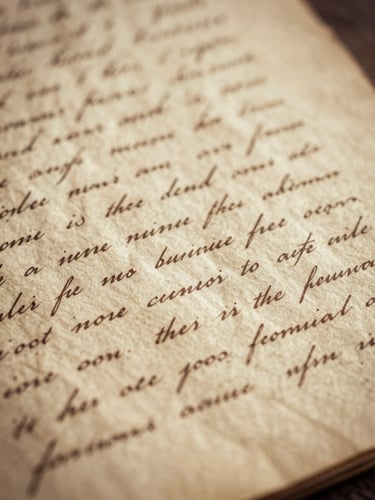 Close-up macro shot of historical parchment document with elegant ink handwriting, warm side-lighting, archival sepia tone