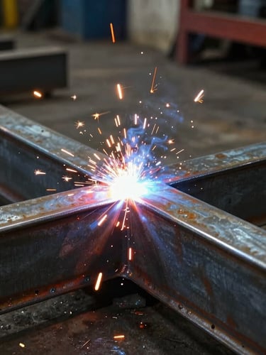Close-up of clean MIG welds on raw heavy-gauge steel flatbed frame inside a Houston fabrication shop, high-contrast dramatic workshop lighting, warm welding sparks, 35mm photography