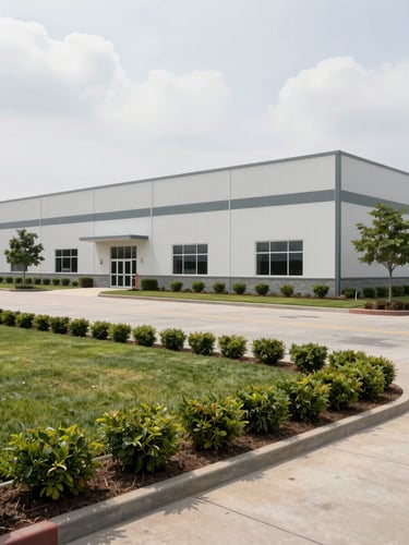 Wide environmental shot from pavement level looking across a large commercial property exterior — a clean industrial building facade with maintained landscaping border in the foreground, overcast natural daylight illuminating the full condition of the grounds, straight-on framing showing the building frontage and trimmed perimeter edge detail, no people