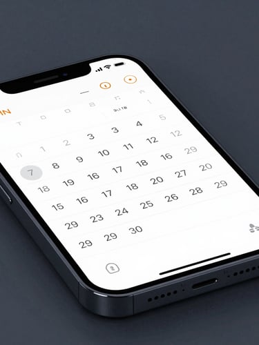 Macro shot of a modern smartphone displaying a clean calendar interface, cool slate tones, sharp studio lighting, high-end editorial