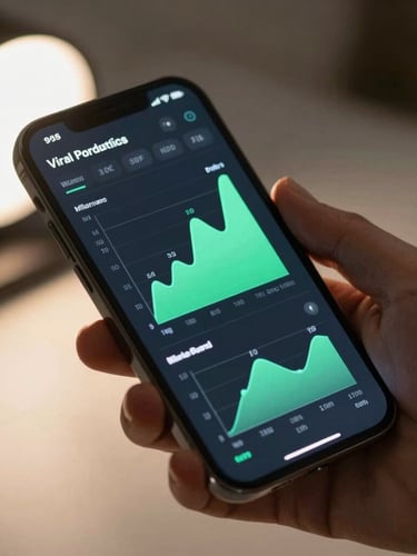 Close-up of a sleek mobile phone held in a hand, displaying a vibrant dark-mode analytics screen with bright mint-green charts showing viral product trends, soft glowing ambient studio light.
