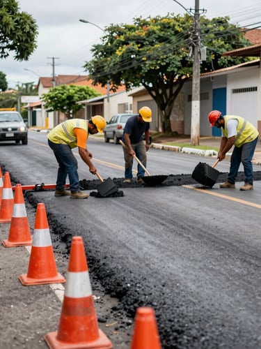 Wide-angle environmental shot of active municipal road maintenance in Brazil, raw daylight, natural unposed workers inspecting asphalt, orange safety cones in the foreground, sharp focus.