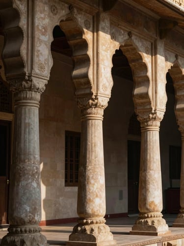 Architectural details of the High Court of Rajasthan Jaipur Bench, dramatic side-lighting on stone pillars, dignified and authoritative atmosphere
