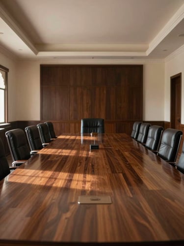 A dignified, empty boardroom in Jaipur with high ceilings, dark wood table reflecting soft side light, and architectural depth