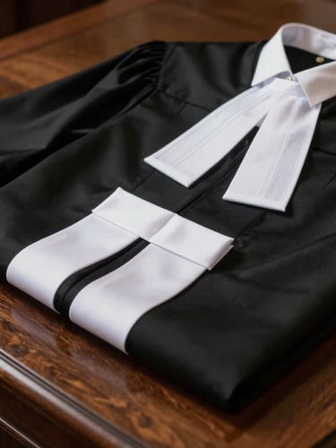 A close-up of formal court attire, a black legal robe and white bands resting on a dark polished mahogany desk, dramatic side-lighting, shallow depth of field.