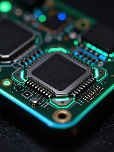 Macro close-up of a modern smartphone motherboard, glowing neon green and electric blue edge lights, sharp display pixels visible in background, dark high-contrast tech photography, 35mm lens