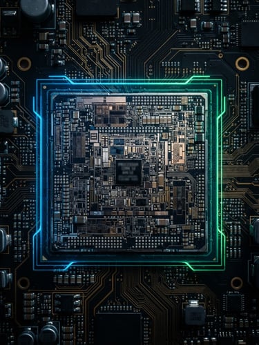 Extreme macro close-up of a high-performance mobile processor on a dark circuit board, neon green edge lighting, sharp silicon details, 35mm lens