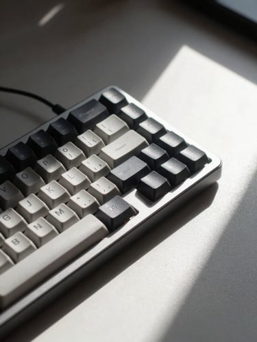 Macro shot of a clean workspace setup with high-contrast shadows, a mechanical keyboard, and sharp geometric light refractions across the desk surface
