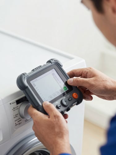 Close-up of a professional technician using digital diagnostic tools on a modern washing machine control panel, bright clean indoor lighting, sharp focus on mechanical details
