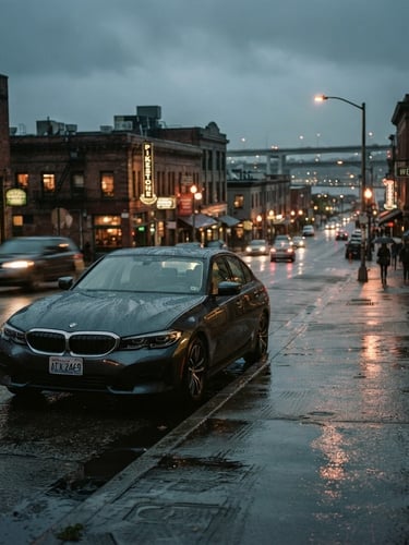 Cool editorial photography of a modern sedan parked on a wet Seattle street at twilight, soft streetlights reflecting on wet asphalt, Western Avenue context, 35mm.