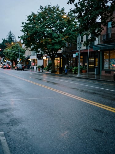 Overcast Seattle street level view of wet asphalt on Western Avenue, soft twilight lighting, 35mm editorial photography