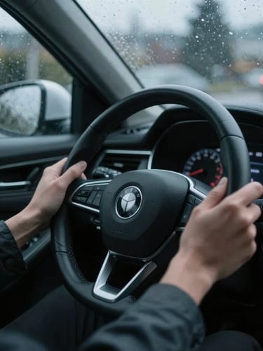 Close-up of hands on a modern steering wheel, driving through Seattle rain, soft dashboard lights glowing, cool moody tones, 35mm