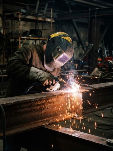 Close-up of a certified welder working on heavy structural steel, dramatic sparks, safety orange glow, dark industrial background, 35mm lens