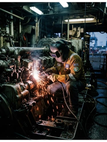 Action shot of a certified welder in protective gear working on a massive marine vessel engine, vivid safety orange sparks flying against cool steel, industrial port setting, dramatic high-contrast lighting, 35mm lens