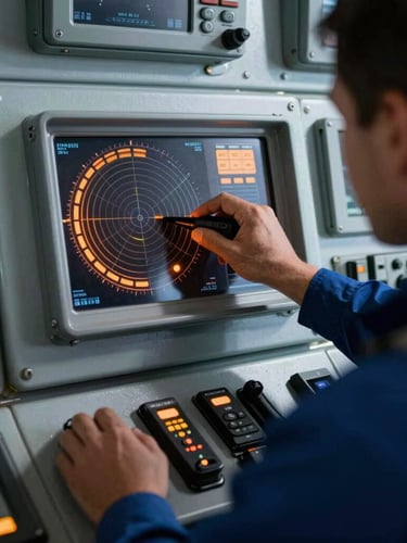 Close-up action shot of a marine electronics technician calibrating a radar control panel inside a ship bridge, cool steel tones with safety orange glowing indicators, sharp focus.