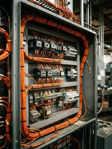 Close-up of industrial electrical control panel with safety orange wiring, sharp focus, 35mm lens
