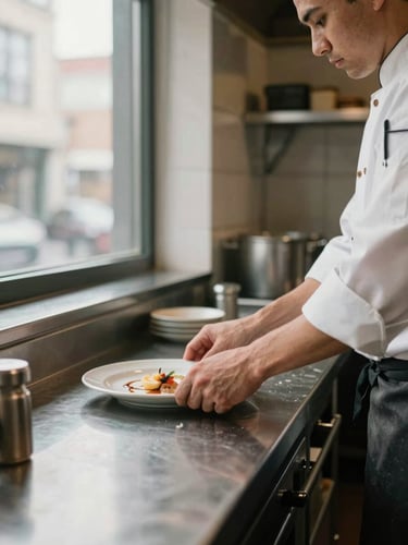 Narrow portrait shot of a small restaurant's open kitchen pass, a cook's forearms sliding a plate onto the counter, north-facing daylight from a high window, muted tones, no eye contact
