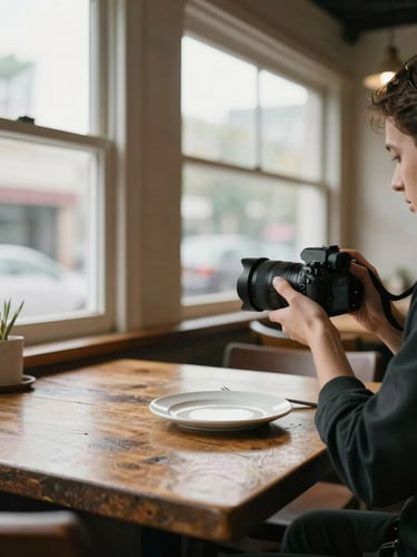 Wide environmental shot looking across a quiet restaurant interior toward north-facing windows, a photographer's hand holding a camera steady over a single plate on a worn wooden table, soft diffuse daylight, no artificial light, unfussy and precise