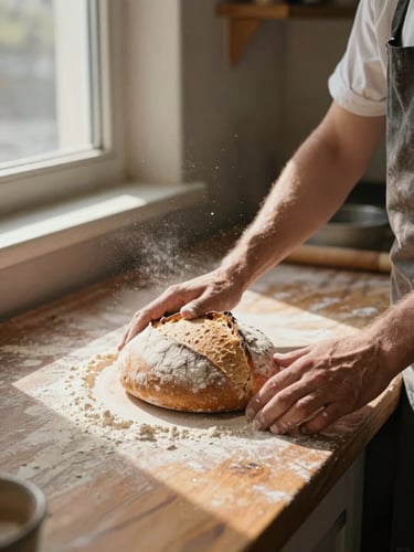 Close environmental frame: a baker's hands resting on a worn wooden counter beside a half-scored loaf, north-facing window light casting clean shadows, flour dust suspended in the air, no people visible above the wrists, quiet and still