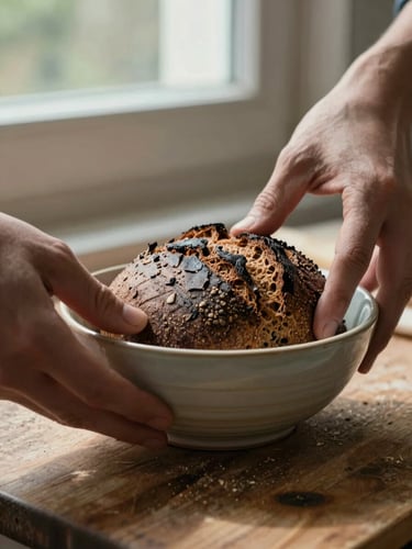 Extreme close-up of two hands carefully composing a ceramic bowl of dark rye bread on a worn wooden surface, north-facing window light raking across the texture, a camera viewfinder barely visible at frame edge, no styling props