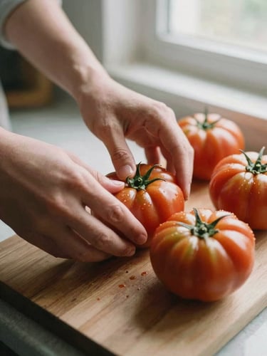 Close-up of hands prepping fresh heirloom tomatoes on a wooden board in a sunlit kitchen, 35mm warm editorial style