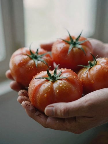 Close-up of weathered hands holding heirloom tomatoes in soft morning light, dirt on fingers, shallow depth of field, 35mm film style.