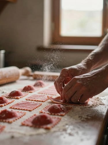 Close-up of hands prepping fresh handmade pasta in a dimly lit rustic kitchen, flour dusting the air, warm side-lit window glow