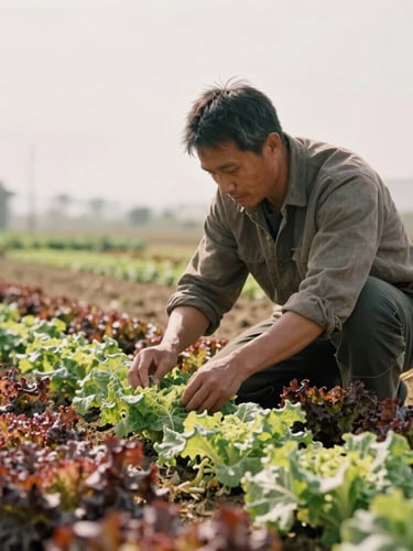 A farmer in a wide sunlit field inspecting organic leafy greens, soft overcast daylight, earthy tones, cinematic editorial composition.
