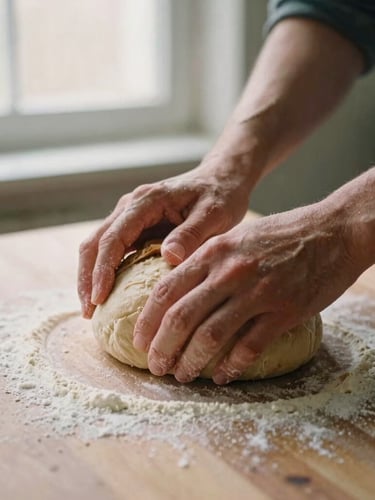 Hands kneading sourdough on a floured wooden table, soft morning window light, shallow depth of field, warm earthy tones, 35mm film