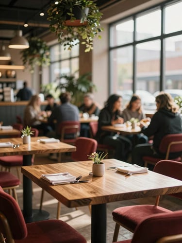 A bustling modern food hall with warm wooden tables, Scandinavian styling, overhead hanging plants, and soft natural window light streaming in.
