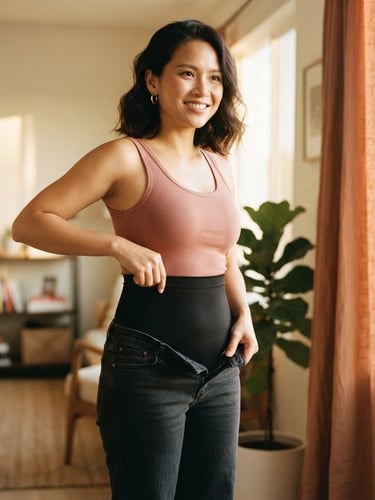 Elegant Vietnamese woman in her late 20s, smiling confidently, gently adjusting the waistband of a high-waisted shapewear garment, soft diffused golden-hour light from the right, warm editorial photography, rich skin tones and clay pink hues, 35mm lens, wide shot showing natural curves.