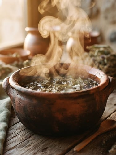 Close-up of warm herbal steam rising from a clay pot, soft filtered golden-hour light, earthy terracotta tones, tactile textures, 35mm film