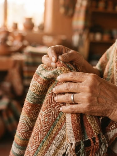 Close-up of warm hands gently holding a handwoven cotton rebozo, soft filtered golden-hour light, earthy terracotta tones, tactile textures, 35mm film