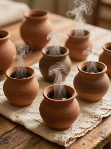Tactile close-up of traditional healing setup, clay pots with warm herbal steam rising, clean linen on a rustic wooden table, soft low-contrast golden light