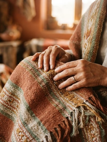 Close-up of warm hands gently holding a handwoven rebozo, soft filtered golden-hour light, earthy terracotta tones, tactile linen textures, 35mm film