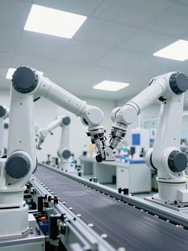 Wide-angle architectural shot of a clean, high-tech automated sorting facility, bright white laboratory lighting, robotic arms over a conveyor belt, cool technical tones.