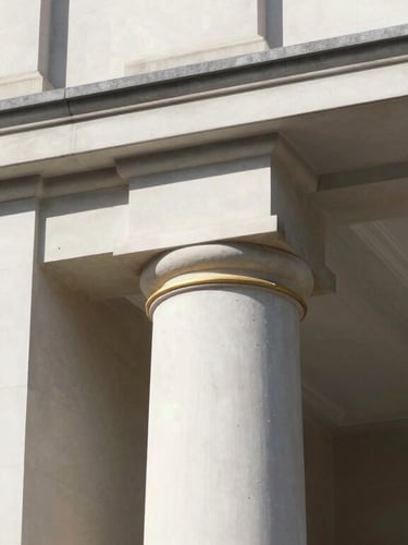Architectural detail of a classic European government building column, clean lines, strong shadows, bright daylight, 35mm lens