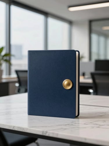 A professional corporate workspace in Europe, clean architectural lines, natural daylight, deep navy folder with gold seal on a marble table, 35mm lens