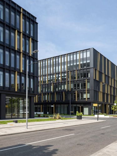 A professional architectural view of a modern corporate business park in Warsaw, Poland, clean lines, sharp natural daylight, 35mm lens, corporate atmosphere